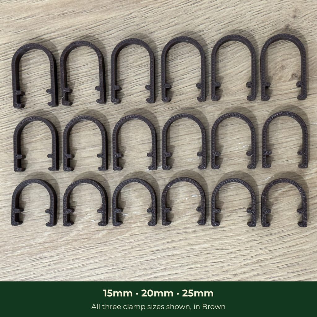 ModuMoss plant clamps in 15mm, 20mm and 25mm sizes, brown