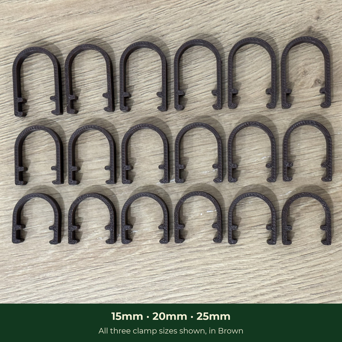ModuMoss plant clamps in 15mm, 20mm and 25mm sizes, brown