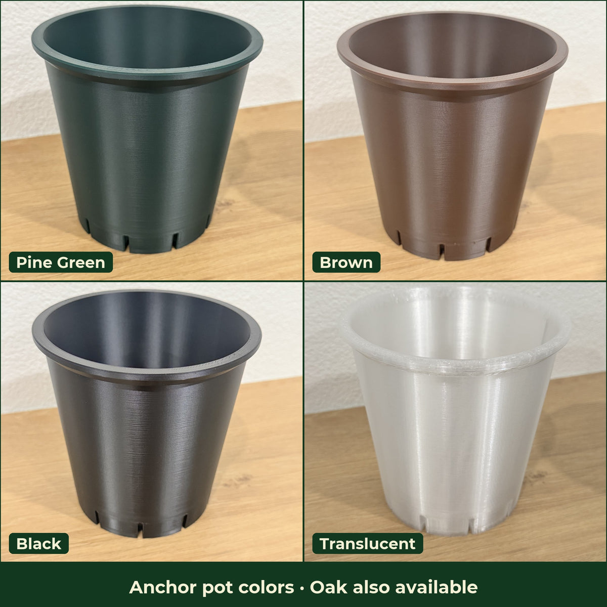ModuMoss anchor pot colors: Pine Green, Brown, Black and Translucent