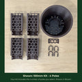 ModuMoss 100mm kit laid out with 4 poles, anchor pot, face plate and clamps, in brown