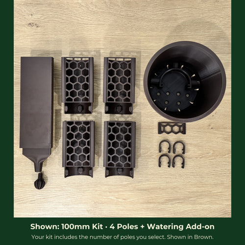ModuMoss 100mm kit with 4 poles and watering add-on, anchor pot, face plate and clamps, in brown
