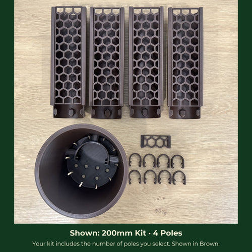 ModuMoss 200mm kit laid out with 4 poles, anchor pot, face plate and clamps, in brown
