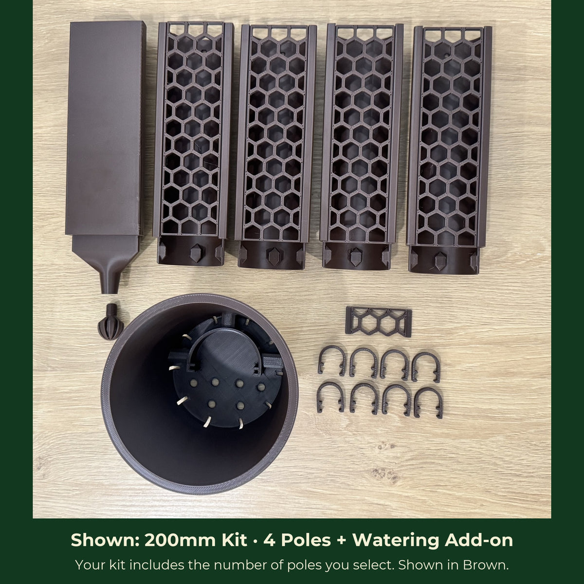 ModuMoss 200mm kit with 4 poles and watering add-on, anchor pot, face plate and clamps, in brown