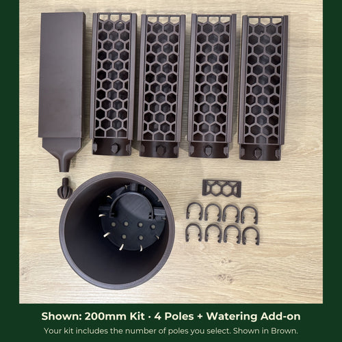 ModuMoss 200mm kit with 4 poles and watering add-on, anchor pot, face plate and clamps, in brown