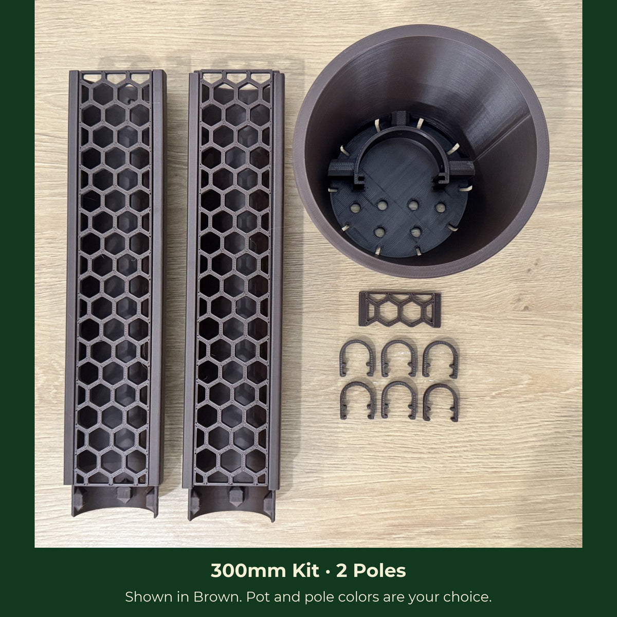 ModuMoss 300mm kit with 2 poles, anchor pot, face plate and clamps, in brown