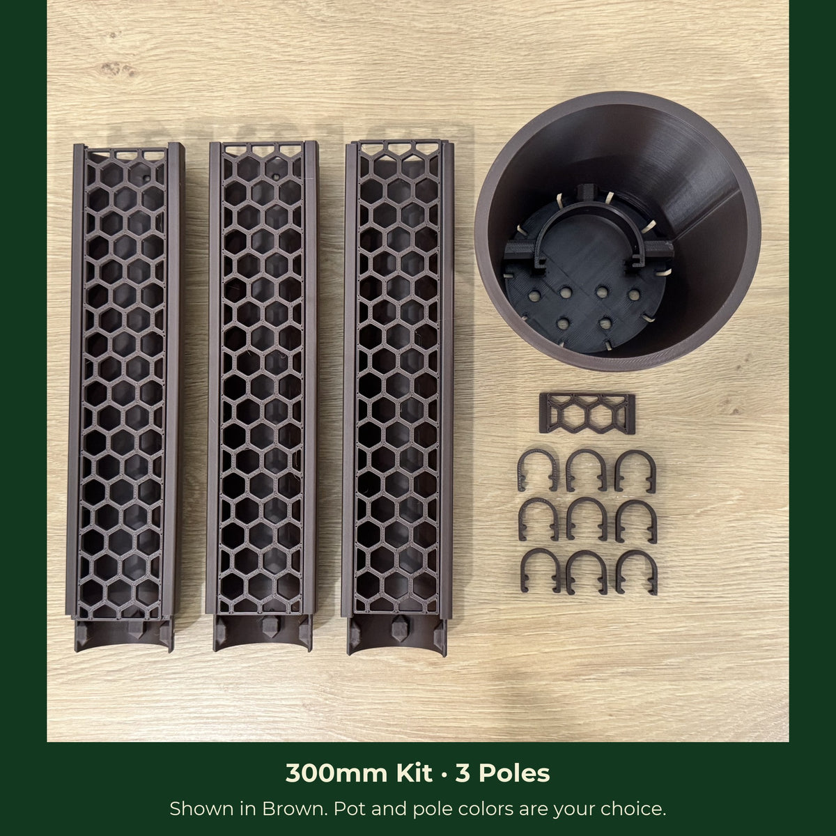 ModuMoss 300mm kit with 3 poles, anchor pot, face plate and clamps, in brown